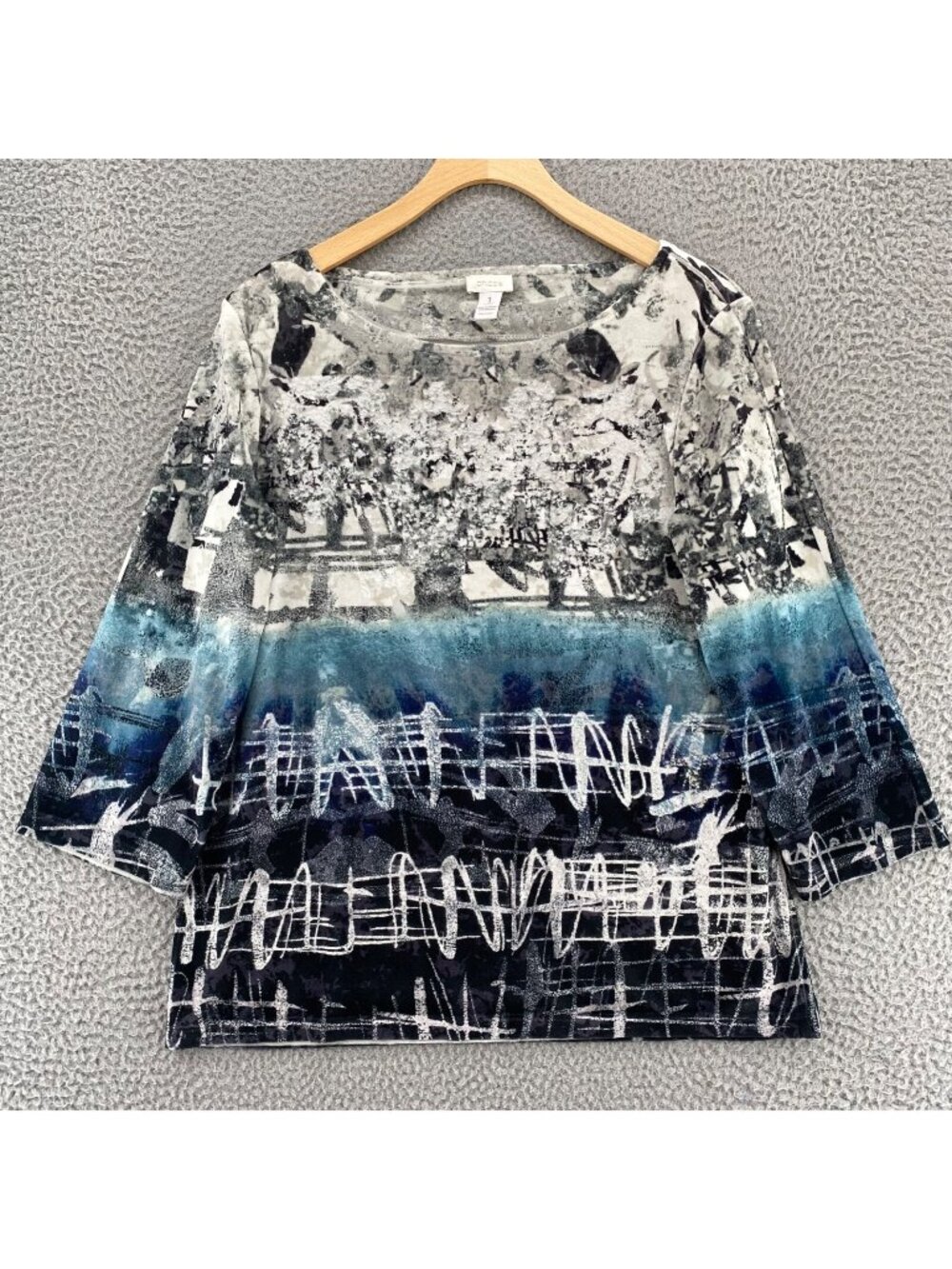 Chicos Top Womens 1 US Medium Blue Silver Abstract Art Velour 3/4 Sleeve Stretch